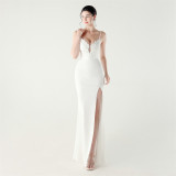 Women applique fishbone lace-up dinner party fishtail evening dress