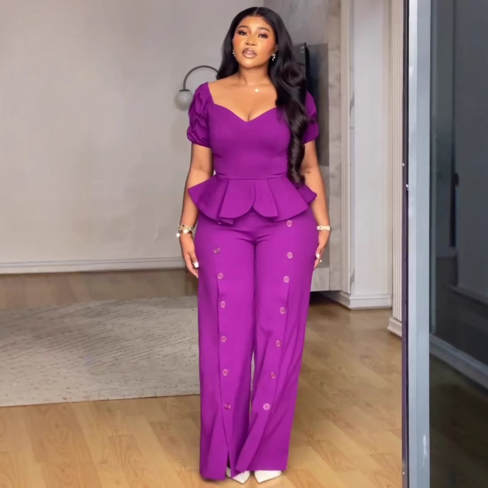 African Women Square Neck Ruffle Top And Solid Trousers Two-piece Set