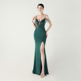 Women beaded tube applique beaded fishbone lace-up formal party evening dress