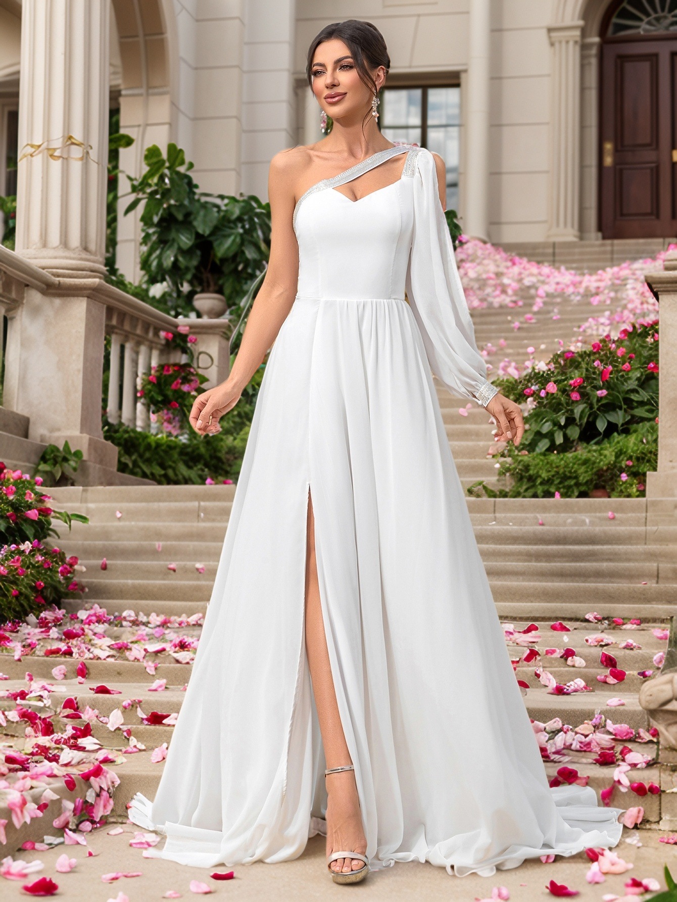 Women One-shoulder Sleeve Formal Party Wedding Wedding Dress Evening Dress Bridesmaid Dress