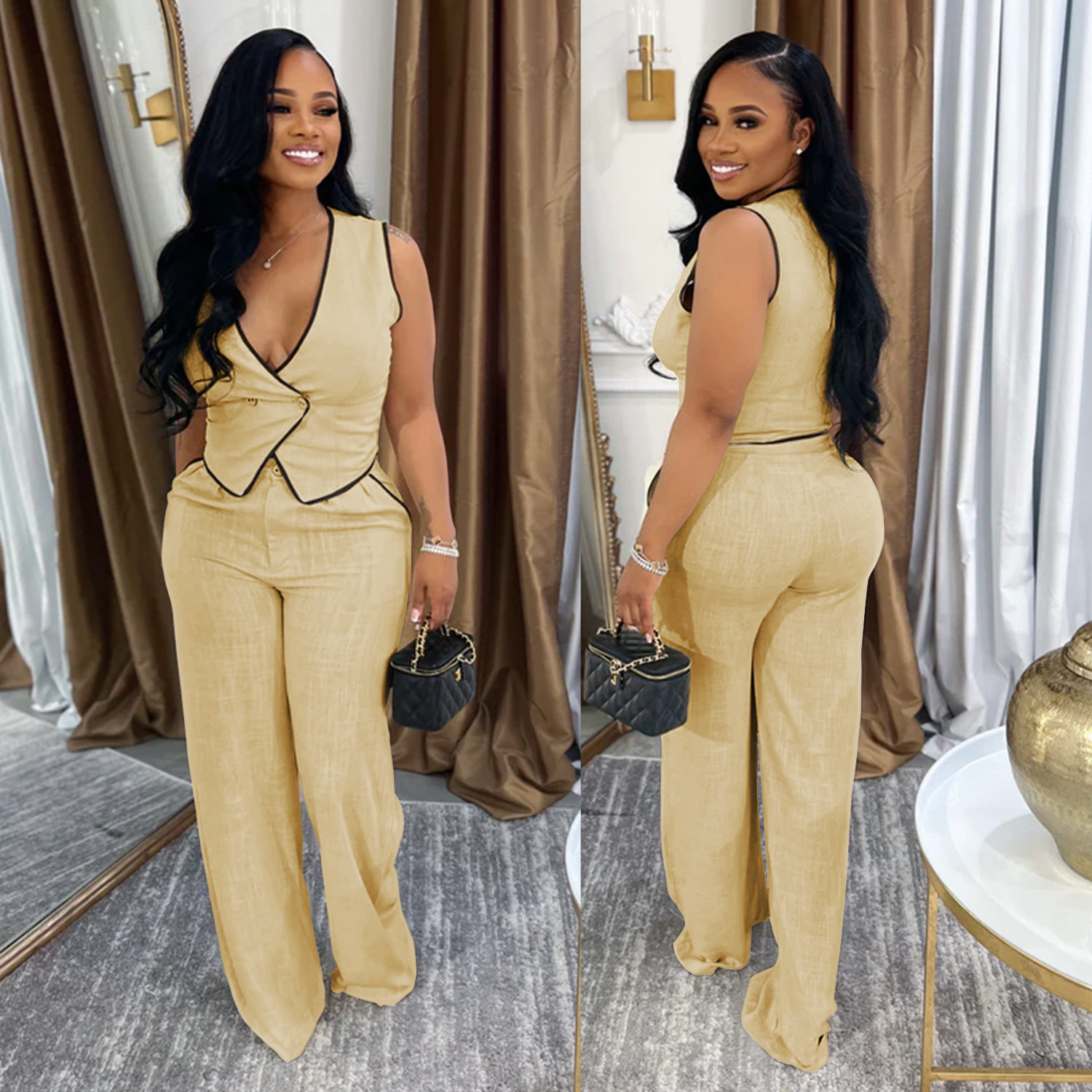 Women casual v-neck button top and trousers two-piece suit