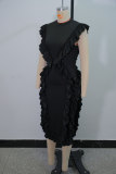 Women summer ruffle solid bodycon dress