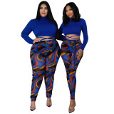 Women sexy patchwork contrasting lace-up top and printed pants two-piece suit