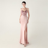 Women Applique Beaded Tube Fishbone Pressed Beaded Off-shoulder Sexy Evening Dress