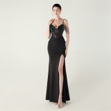 Women Applique Beaded Tube Fishbone Pressed Beaded Off-shoulder Sexy Evening Dress