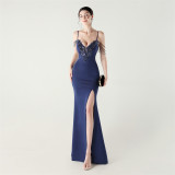 Women beaded tube applique beaded fishbone lace-up formal party evening dress