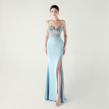 Women Applique Beaded Tube Fishbone Pressed Beaded Off-shoulder Sexy Evening Dress