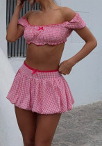 Women summer plaid sexy bow strapless top and skirt two-piece suit Women summer plaid sexy bow strapless top and skirt two-piece suit