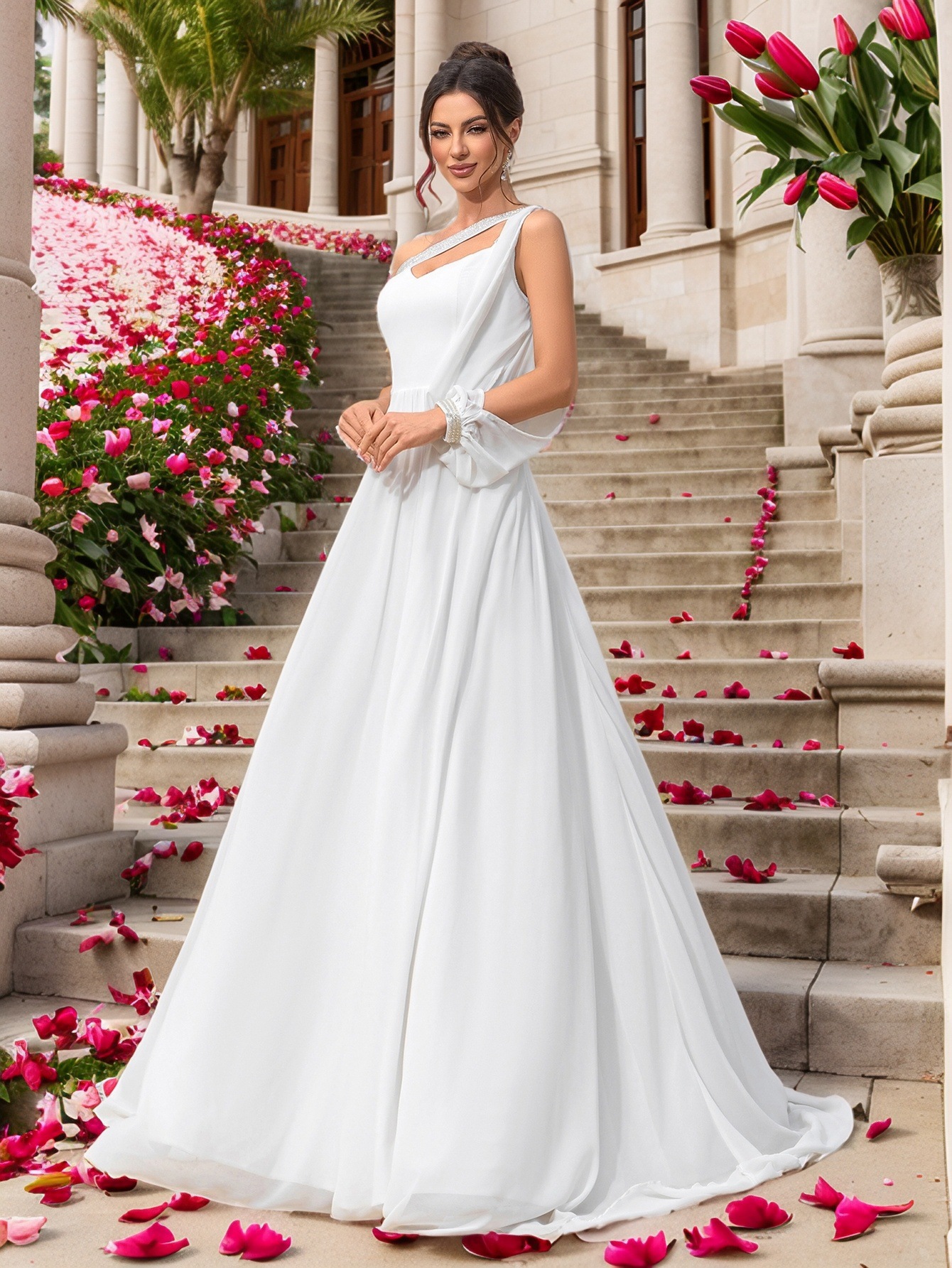 Women One-shoulder Sleeve Formal Party Wedding Wedding Dress Evening Dress Bridesmaid Dress