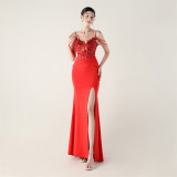 Women Applique Beaded Tube Fishbone Pressed Beaded Off-shoulder Sexy Evening Dress