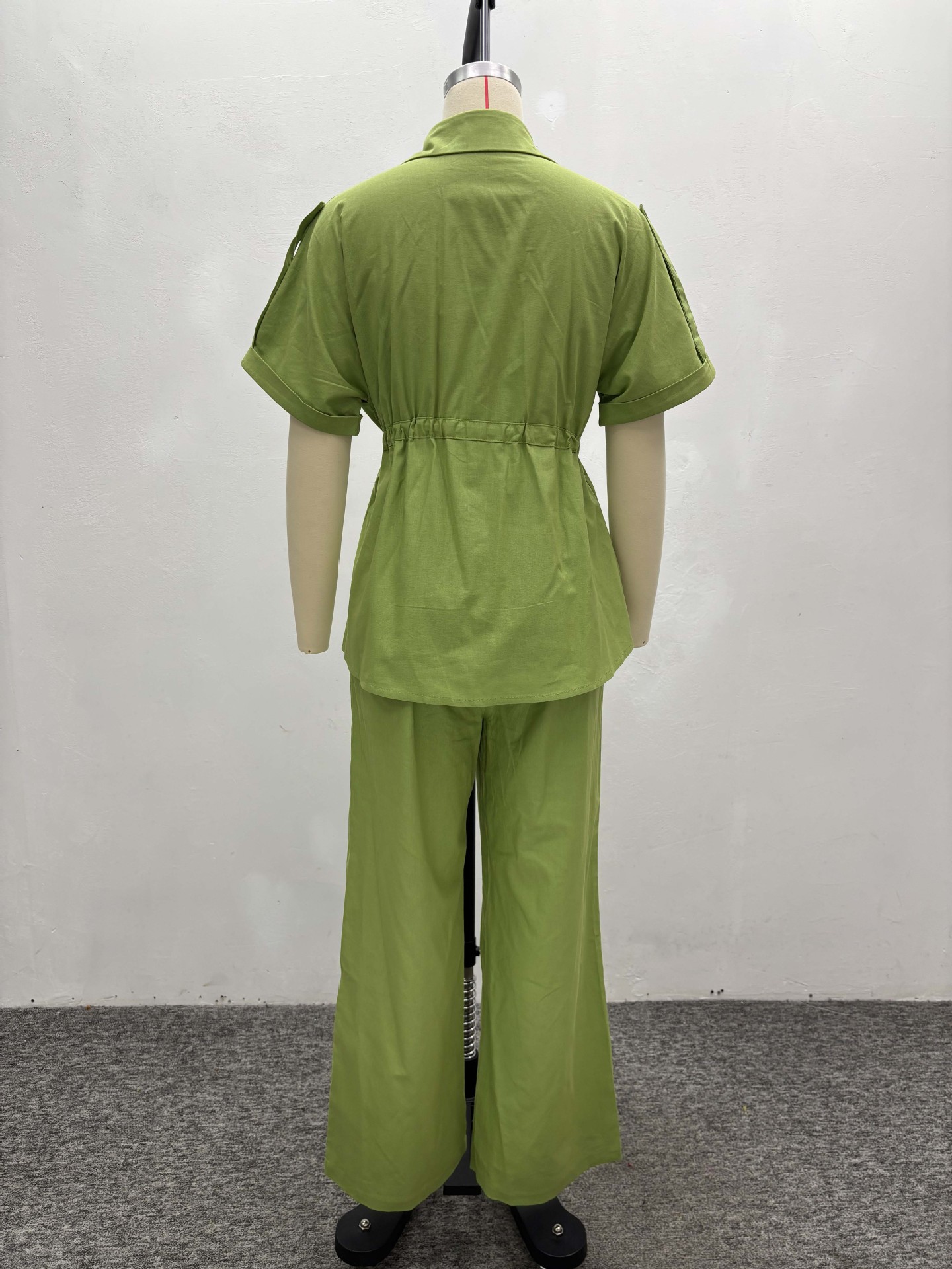 Plus Size Women Casual African Solid Turndown Collar Top and Trousers Two-piece Set