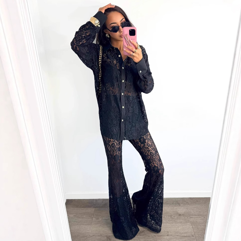 Women Hollow White Cardigan Lace Shirt and Wide-leg Pants Two-piece Set