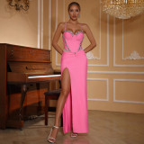 Women Rhinestone Heart-shaped Neck Suspender Body Slit Formal Party Bandage dress