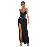 Women Rhinestone Heart-shaped Neck Suspender Body Slit Formal Party Bandage dress