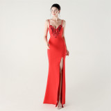 Women applique fishbone lace-up dinner party fishtail evening dress