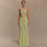 Women Summer Sleeveless Strapless Sexy Pleated Hollow Maxi Dress