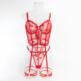 Women Summer Red Flower Embroidery Sexy Lingerie Two-piece Set