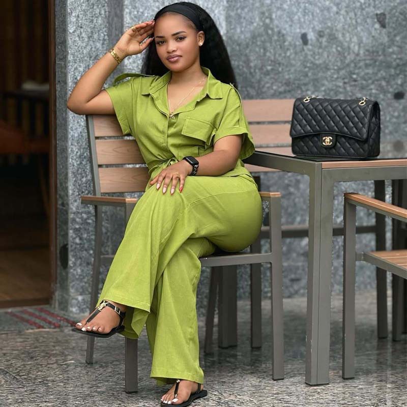 Plus Size Women Casual African Solid Turndown Collar Top and Trousers Two-piece Set