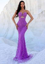 Women Backless Waisted Diamond Fishtail Shell Waist Sequined Evening Dress