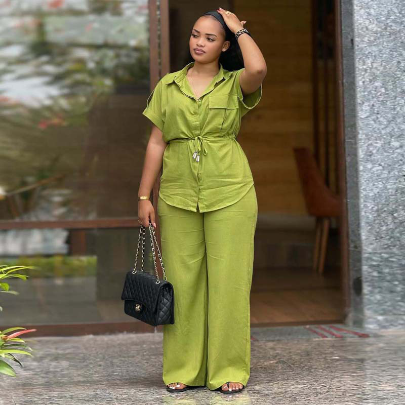 Plus Size Women Casual African Solid Turndown Collar Top and Trousers Two-piece Set