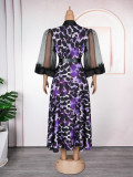 Plus Size African Women Three-quarter Sleeve Black Feather Turndown Collar Print Dress