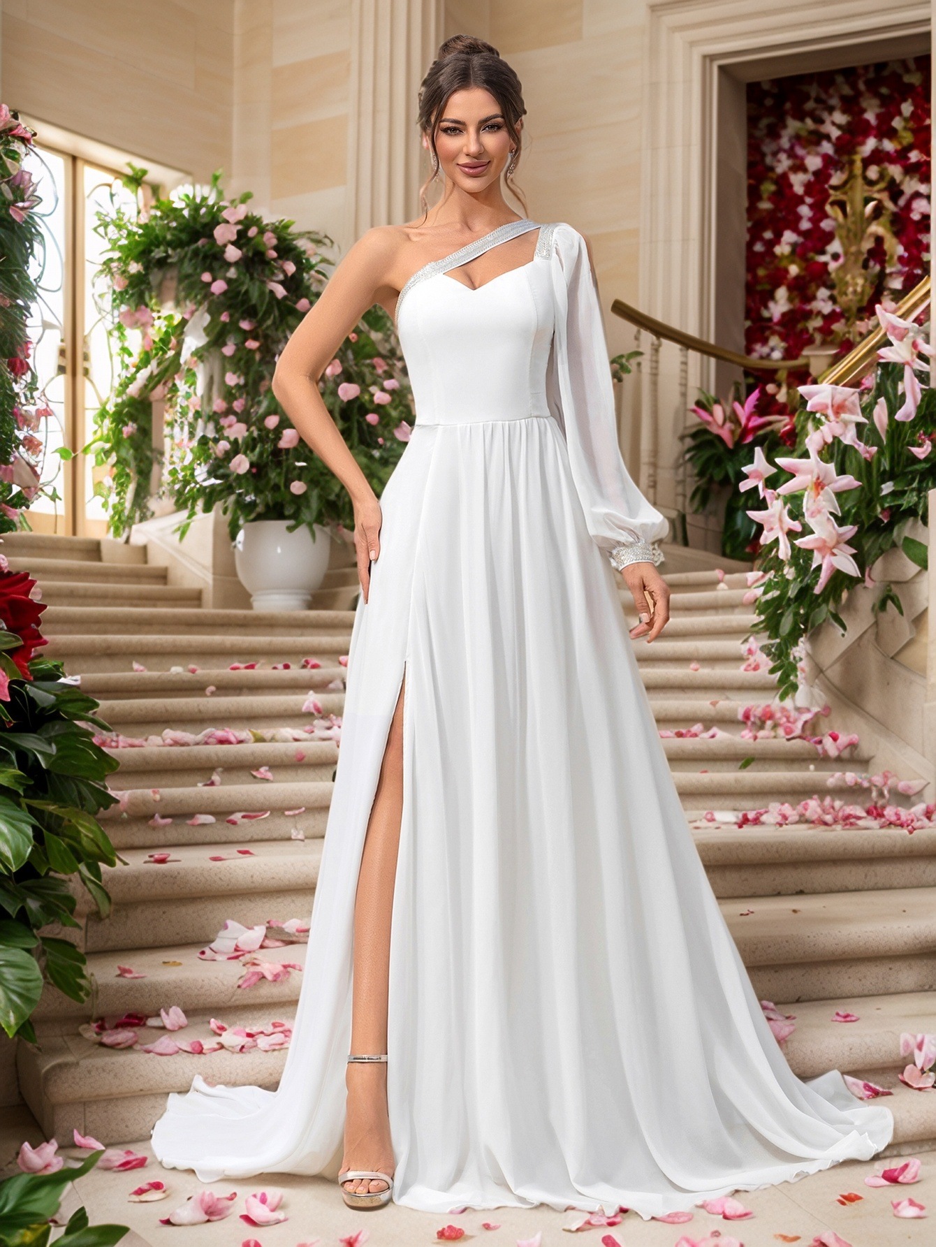 Women One-shoulder Sleeve Formal Party Wedding Wedding Dress Evening Dress Bridesmaid Dress