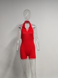 Sexy Sleeveless Solid Color Low Back Halter Neck Short Jumpsuit for Women