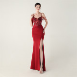 Women Applique Beaded Tube Fishbone Pressed Beaded Off-shoulder Sexy Evening Dress