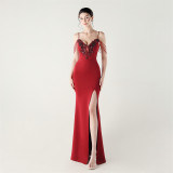 Women beaded tube applique beaded fishbone lace-up formal party evening dress