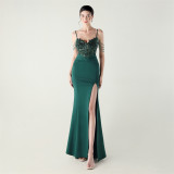Women Applique Beaded Tube Fishbone Pressed Beaded Off-shoulder Sexy Evening Dress