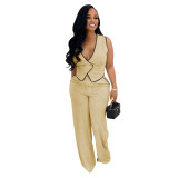 Women casual v-neck button top and trousers two-piece suit