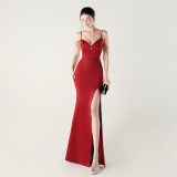 Women Beaded Fishbone Lace-Up Party Evening Dress