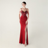 Women Applique Beaded Tube Fishbone Pressed Beaded Off-shoulder Sexy Evening Dress