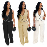 Women casual v-neck button top and trousers two-piece suit