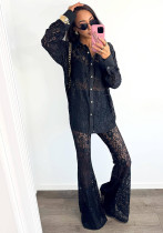 Women Hollow White Cardigan Lace Shirt and Wide-leg Pants Two-piece Set