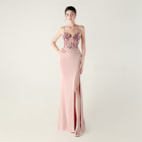 Women Off-shoulder Sexy Evening Applique Beaded Tube Fishbone Pressed Evening Dress