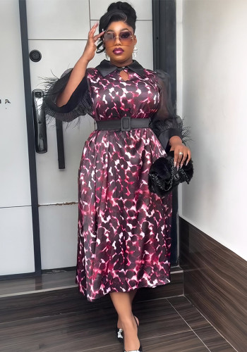 Plus Size African Women Three-quarter Sleeve Black Feather Turndown Collar Print Dress