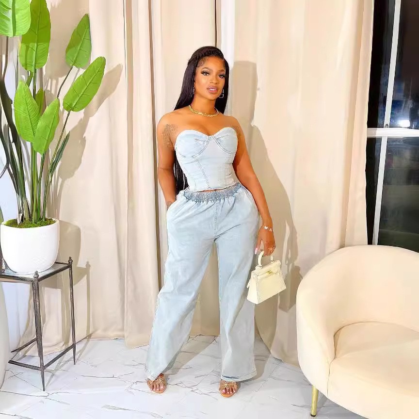 Women casual stretchy denim sleeveless top and pant two-piece suit