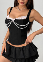 Women French Patchwork Pink Lace Pearl Chain Fishbone Tank Top Women French Patchwork Pink Lace Pearl Chain Fishbone Tank Top