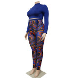 Women sexy patchwork contrasting lace-up top and printed pants two-piece suit