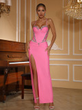 Women Rhinestone Heart-shaped Neck Suspender Body Slit Formal Party Bandage dress