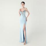 Women beaded tube applique beaded fishbone lace-up formal party evening dress