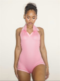 Sexy Sleeveless Solid Color Low Back Halter Neck Short Jumpsuit for Women