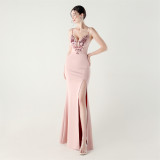 Women applique fishbone lace-up dinner party fishtail evening dress