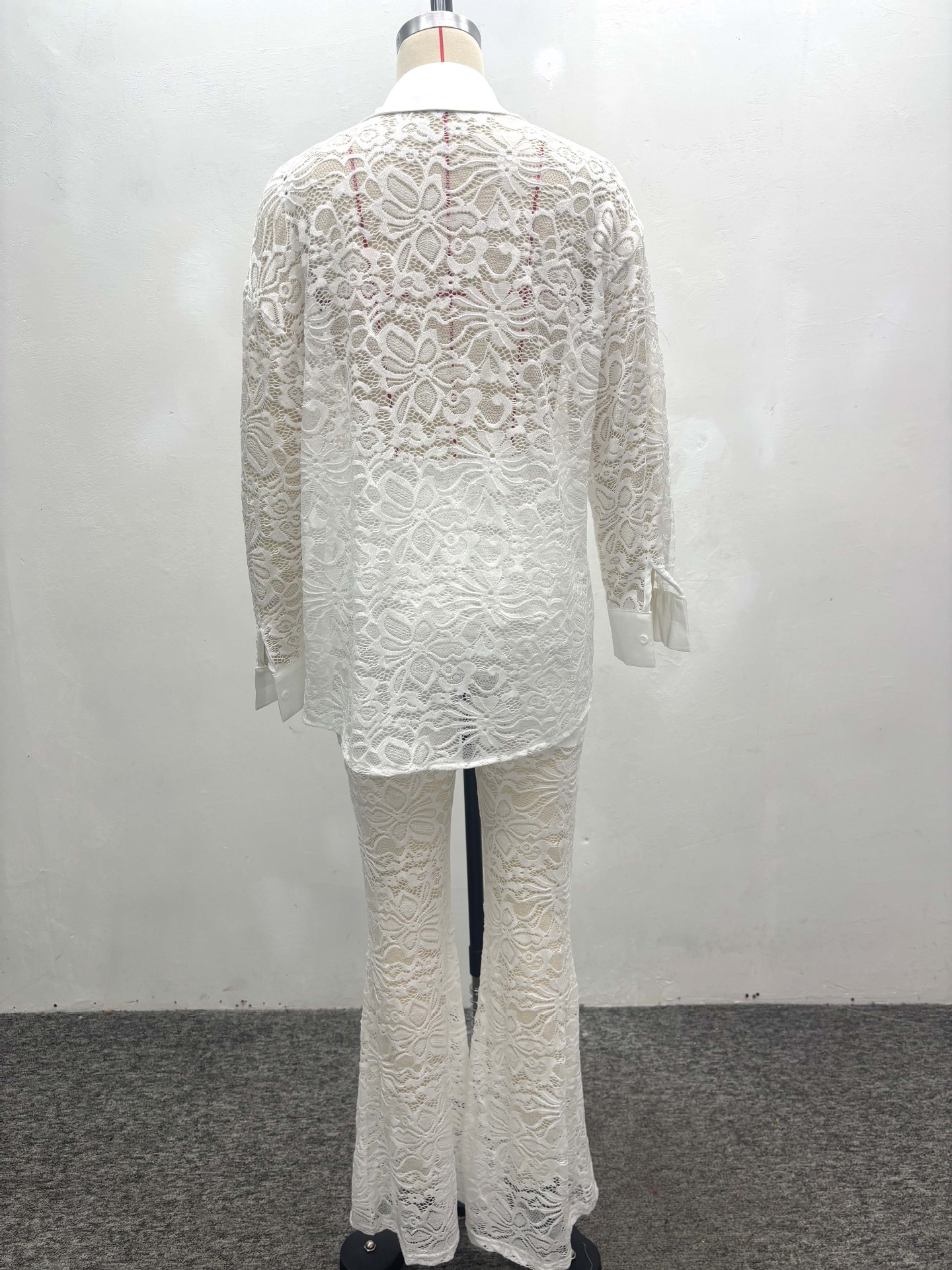 Women Hollow White Cardigan Lace Shirt and Wide-leg Pants Two-piece Set
