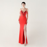 Women beaded tube applique beaded fishbone lace-up formal party evening dress