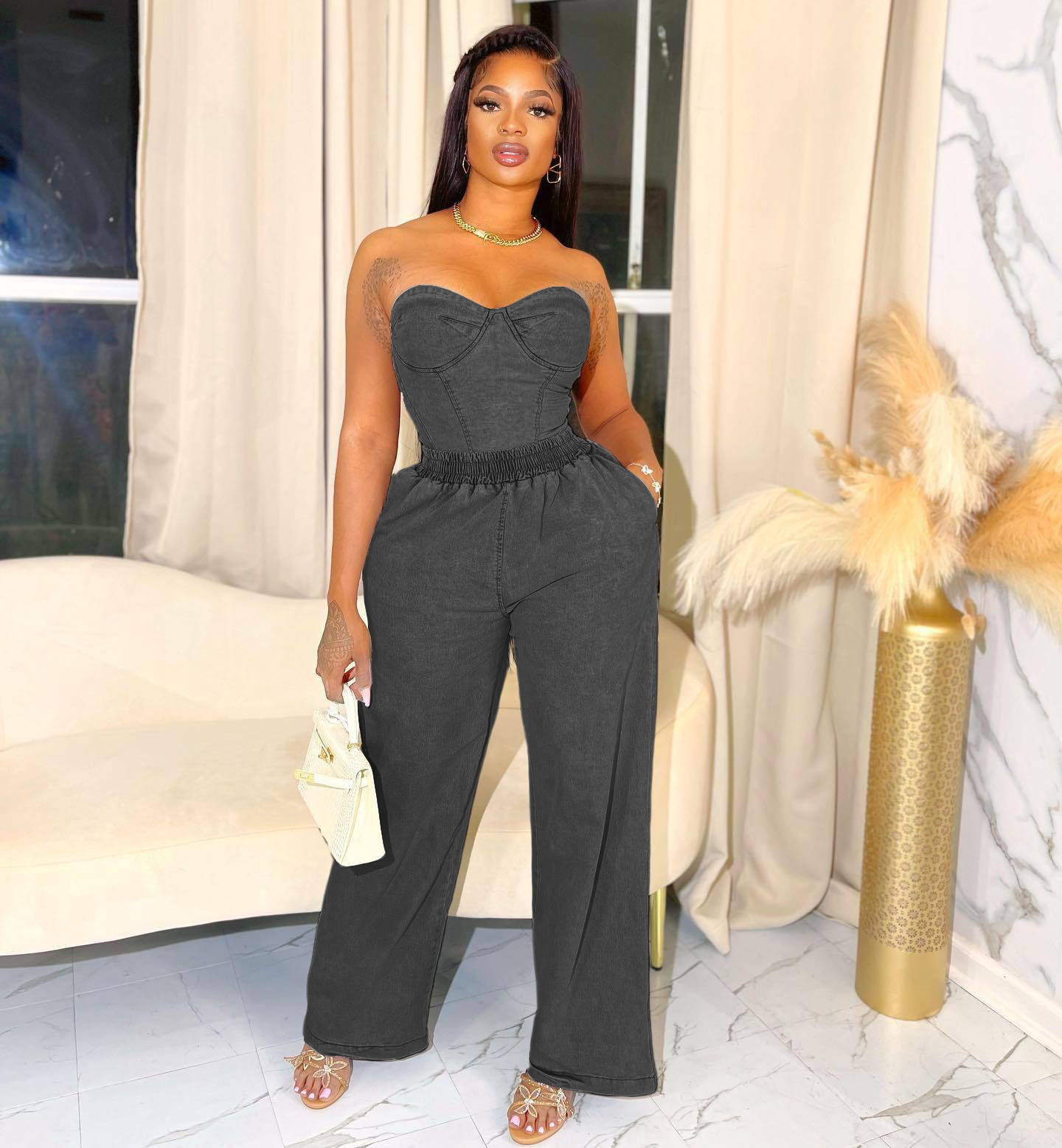 Women casual stretchy denim sleeveless top and pant two-piece suit