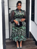 Plus Size African Women Three-quarter Sleeve Black Feather Turndown Collar Print Dress