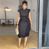 Women summer ruffle solid bodycon dress