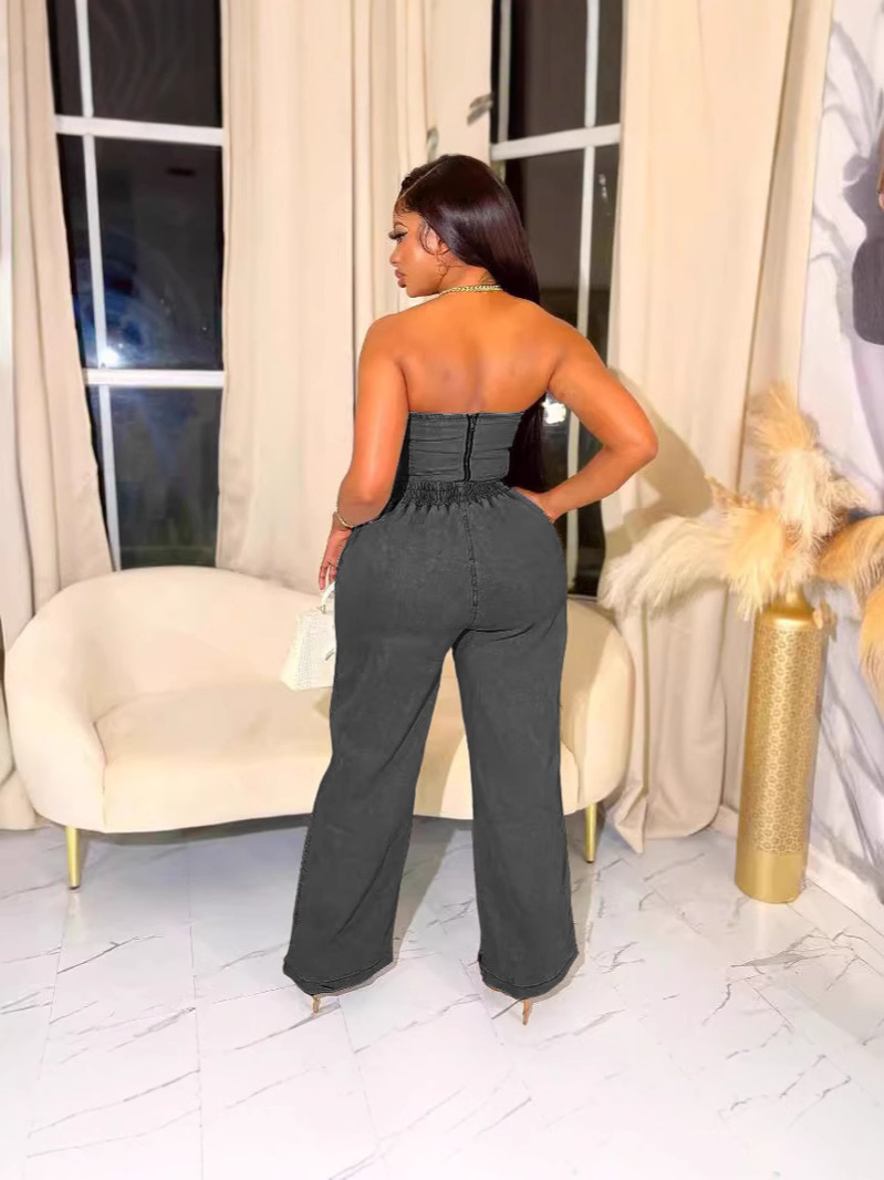 Women casual stretchy denim sleeveless top and pant two-piece suit